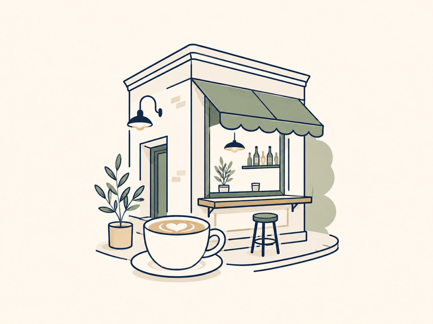 Minimalistyczna ilustracja baru lub kawiarni w pobliżu apartamentu w Krynicy-Zdroju