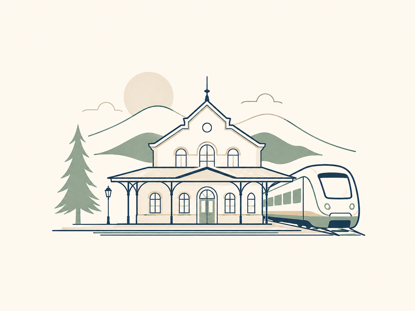 Minimalistyczna ilustracja stacji PKP Krynica-Zdrój blisko apartamentu